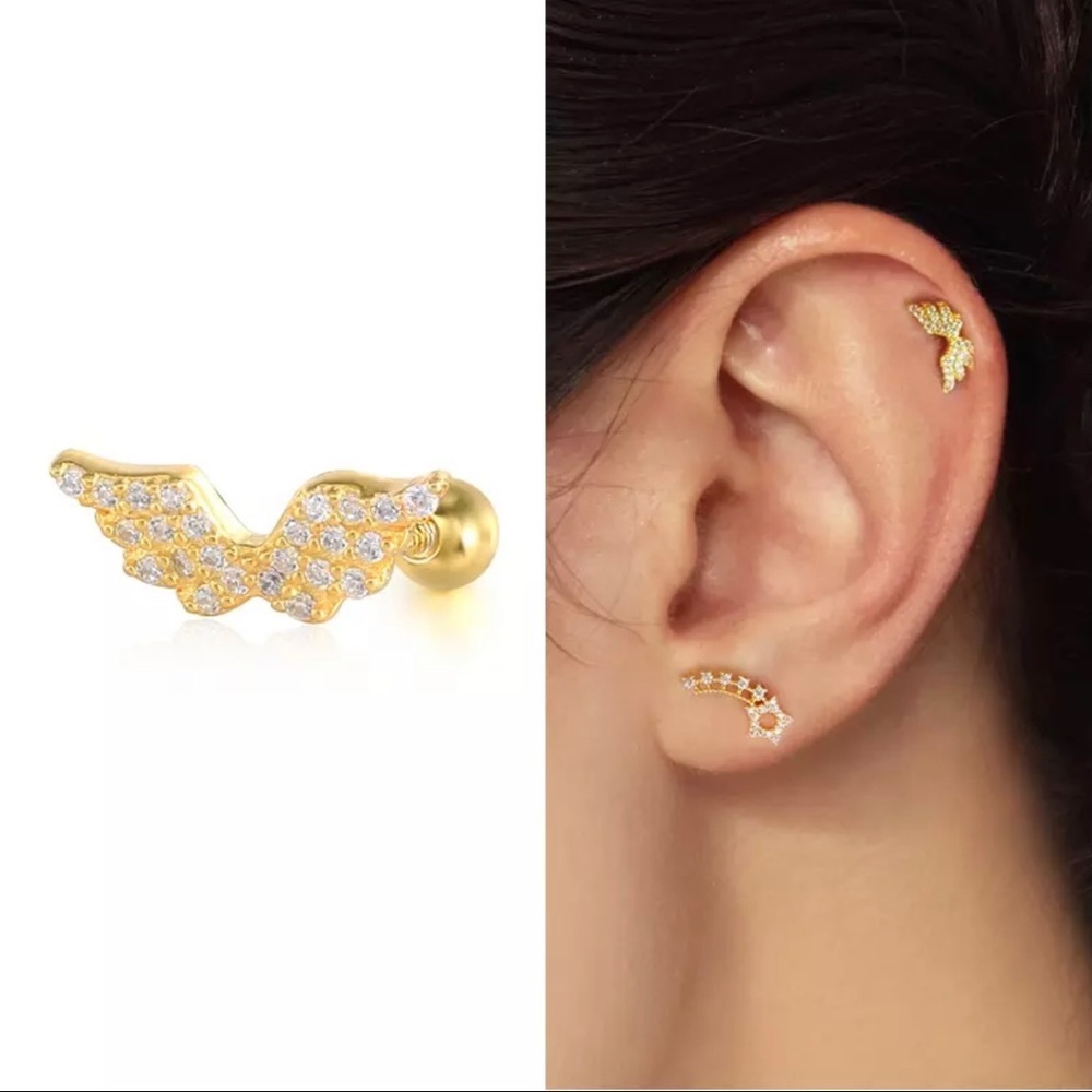 Spread Angel Wings Clear Crystal 18k Gold Plated Stud Pierced Earrings 1pc